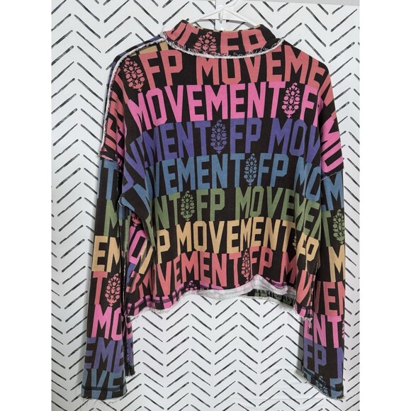 Free People Movement Rainbow Wild Side Logo Tee Long Sleeve Mock Neck Size XS - Picture 2 of 7
